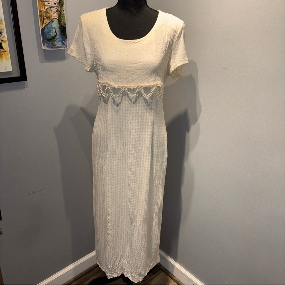 VTG All That Jazz Ivory Gingham Dress‎ Empire Tie Waist  Embroidery elegant SzM